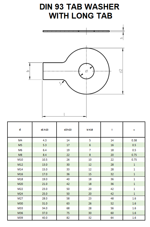 DIN 93 TAB WASHER WITH LONG TAB Dimensions
